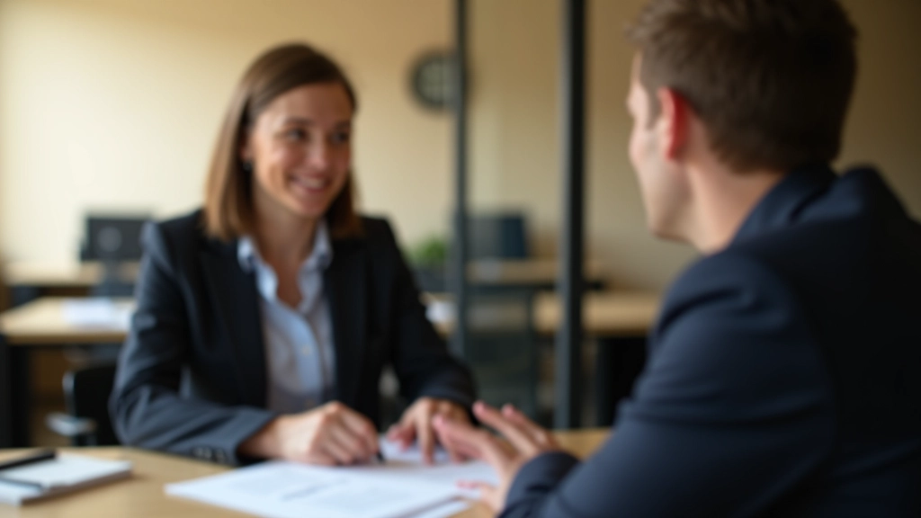 Professionnel en blazer expliquant des documents fiscaux à un client dans un bureau