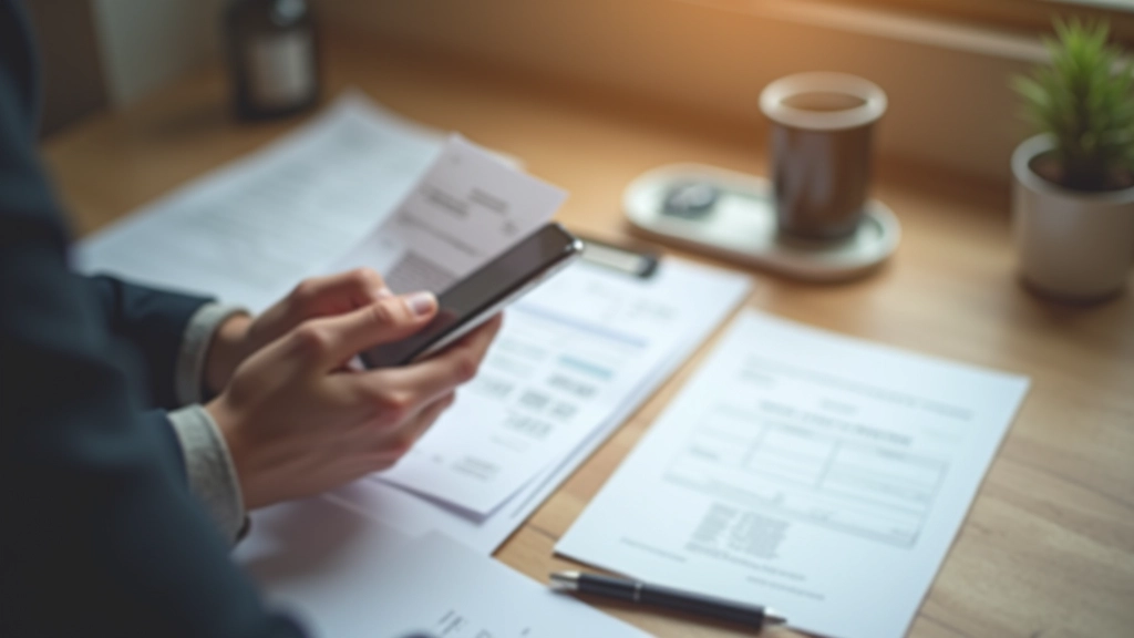 Smartphone photographiant des reçus pour numérisation, documents organisés à côté, environnement de bureau moderne