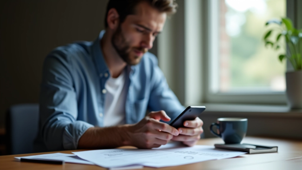 Homme consultant un téléphone avec documents fiscaux étalés sur un bureau en bois clair