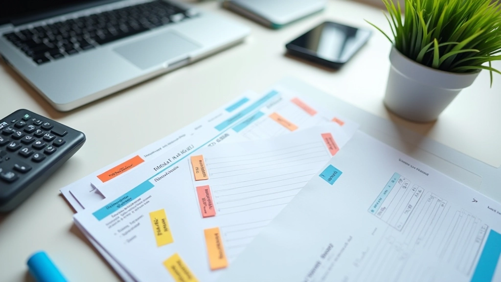 Bureau avec différents outils d'organisation : classeur, étiquettes colorées, ordinateur portable, smartphone et calculatrice