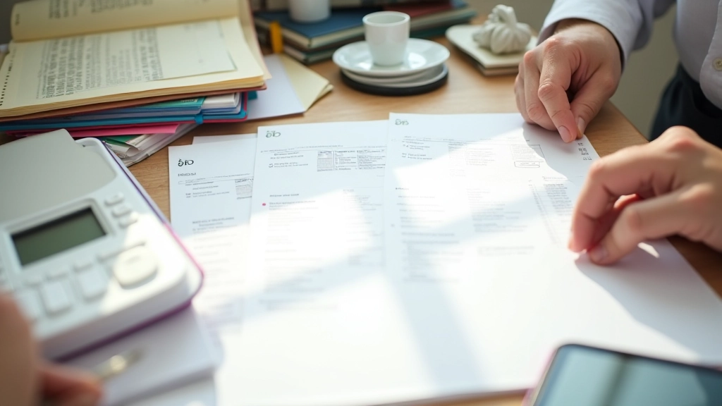 Bureau organisé avec reçus, factures et classeur pour la gestion des justificatifs