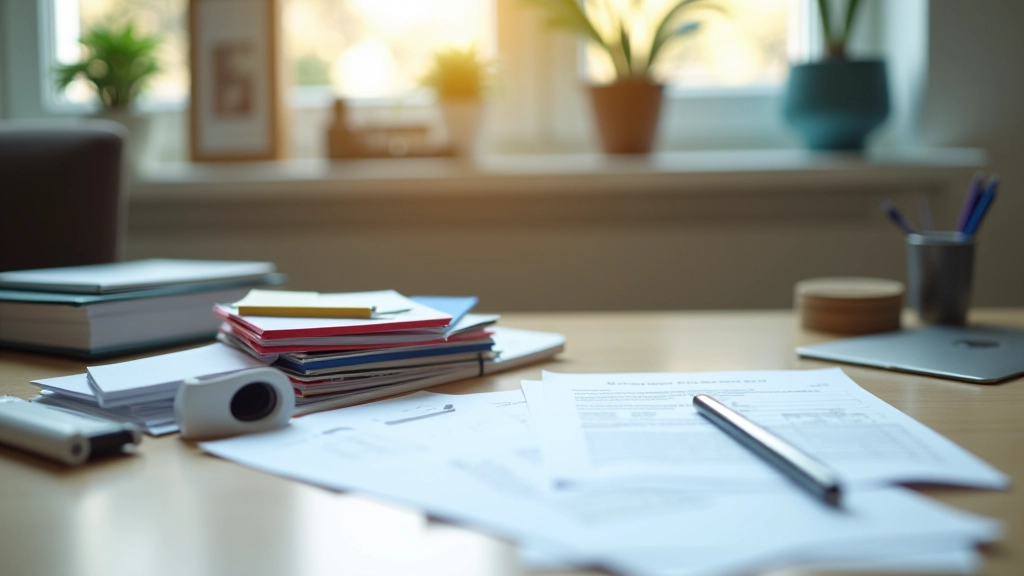 Ensemble d'outils d'organisation : classeur, chemises colorées, stylos et agenda pour la gestion des documents fiscaux