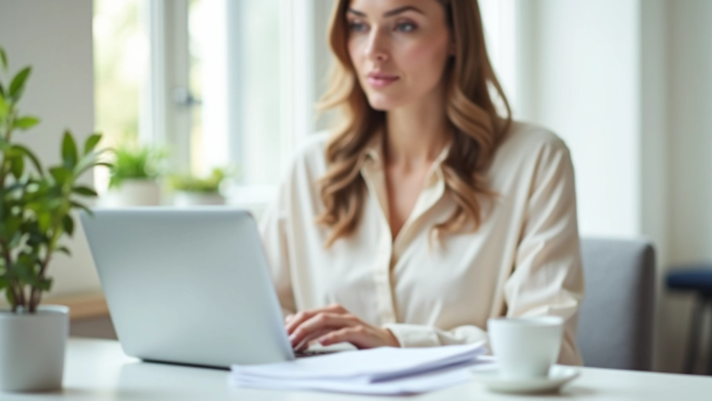 Femme assise à un bureau avec ordinateur portable ouvert, documents fiscaux et une tasse de café, concentrée sur son travail