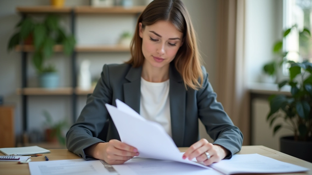 Personne consultant un classeur de documents fiscaux organisés par catégories mensuelles, table de travail bien éclairée