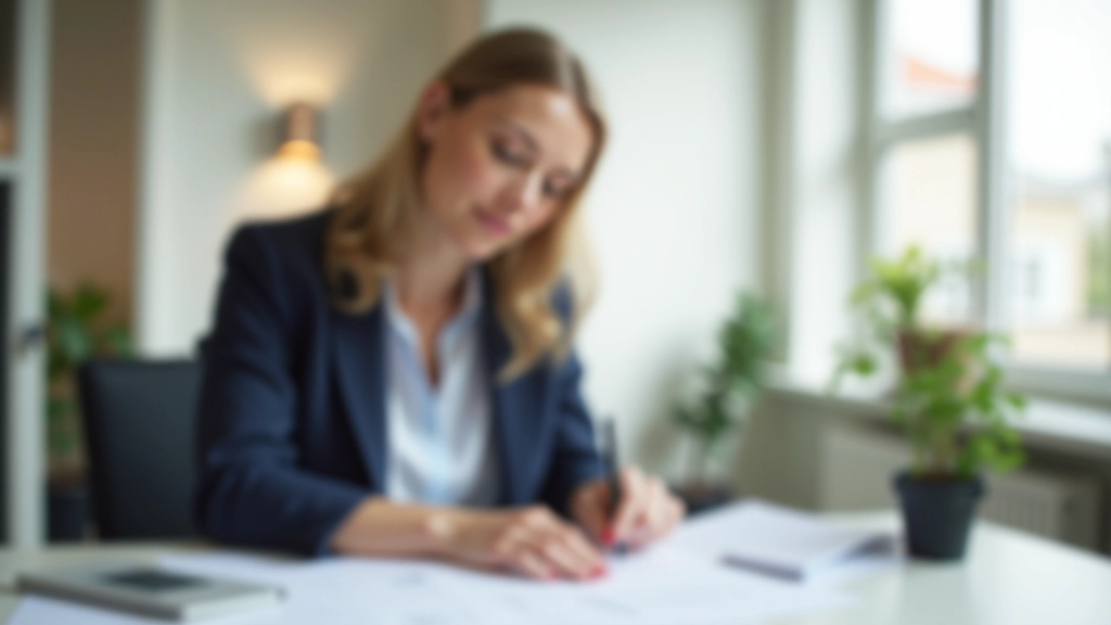 Femme vérifiant ses documents avec un stylo, vérifiant les détails d'une déclaration d'impôts