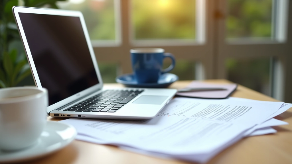 Bureau de travail avec ordinateur portable et documents fiscaux organisés